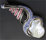 Серебряная брошь/кулон с жемчужиной Mabe, синими и пурпурными сапфирами Серебро 925