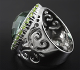 Крупное cеребряное кольцо с зеленым аметистом и перидотами Серебро 925
