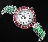 Часы с родолитами на серебряном браслете с изумрудами Серебро 925
