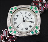Часы с изумрудами на серебряном браслете с родолитами Серебро 925