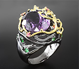 НЕТ. ЖДЕМ ДРУГОЕ Серебряное кольцо c аметистом, цаворитами гранатами и сапфирами Серебро 925