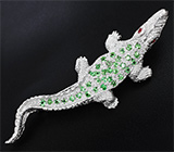 Скульптурная серебряная брошь «Крокодил» с цаворитами и сапфирами Серебро 925
