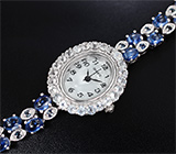Часы с бесцветными топазами на серебряном браслете с кианитами и сапфирами Серебро 925
