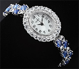 Часы с бесцветными топазами на серебряном браслете с кианитами и сапфирами Серебро 925