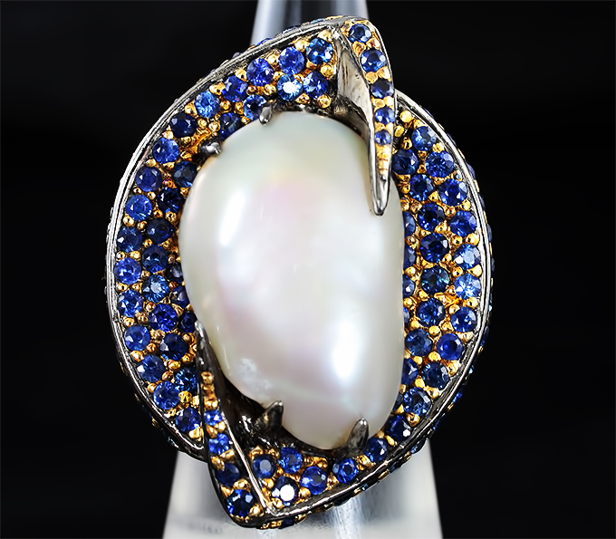 ГОТОВО! Массивное серебряное кольцо c жемчужиной Mabe и синими сапфирами