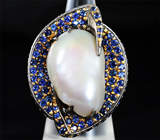 ГОТОВО! Массивное серебряное кольцо c жемчужиной Mabe и синими сапфирами Серебро 925