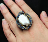 ГОТОВО! Массивное серебряное кольцо c жемчужиной Mabe и синими сапфирами Серебро 925