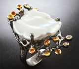 ГОТОВО! Серебряное кольцо с жемчужиной Mabe и разноцветными сапфирами Серебро 925