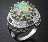 Крупное серебряное кольцо с эфиопским опалом и зелеными сапфирами Серебро 925