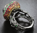 Серебряное кольцо c крупным дымчатым и разноцветными сапфирами, цаворитами Серебро 925