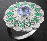 Замечательное серебряное кольцо с танзанитом, изумрудами и цаворитом Серебро 925