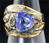 Серебряное кольцо с танзанитом, голубыми топазами и синим сапфиром Серебро 925