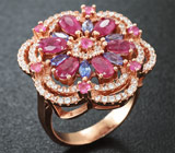 Великолепное серебряное кольцо с рубинами и танзанитами Серебро 925