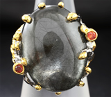 Серебряное кольцо с рутиловым кварцем и оранжевыми сапфирами Серебро 925