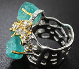 Серебряное кольцо с грубообработанными неоновыми апатитами и насыщенно-синими сапфирами Серебро 925