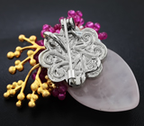 Серебряная брошь с розовым кварцем, резным кораллом, жемчугом и агатами Серебро 925