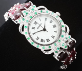 Часы с изумрудами на серебряном браслете с рубинами Серебро 925