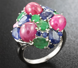 Превосходное серебряное кольцо с рубинами, синими сапфирами и изумрудами Серебро 925