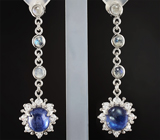 Элегантные серебряные серьги с синими сапфирами и лунным камнем Серебро 925