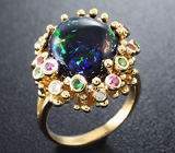 Золотое кольцо с кристаллическим черным опалом 5,95 карат, цаворитами , рубинами и бриллиантами Золото