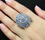 Роскошное крупное серебряное кольцо с танзанитами и синими сапфирами Серебро 925
