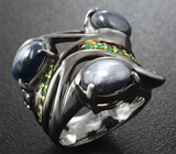 Серебряное кольцо со звездчатыми сапфирами и цаворитами гранатами Серебро 925
