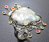 Серебряное кольцо с пузырчатым жемчугом, разноцветными сапфирами и цаворитами гранатами Серебро 925
