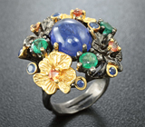 Серебряное кольцо с кабошоном танзанита, изумрудами, синими и оранжевыми сапфирами Серебро 925