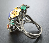 Серебряное кольцо с кабошоном танзанита, изумрудами, синими и оранжевыми сапфирами Серебро 925