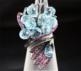 Серебряное кольцо с бриолетами голубых топазов и пурпурными сапфирами 