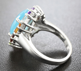 Эффектное серебряное кольцо с голубым халцедоном и самоцветами Серебро 925