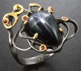 Серебряное кольцо cо звездчатым и оранжевыми сапфирами Серебро 925