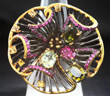 Серебряное кольцо c разноцветными турмалинами, пурпурными и желтыми сапфирами Серебро 925