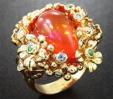 Авторское золотое кольцо с мексиканским огненным опалом 7,07 карат, цаворитами, синими сапфирами и бриллиантами Золото