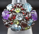 Крупное серебряное кольцо с кабошонами самоцветов Серебро 925