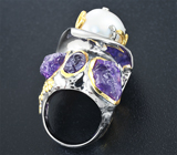 Серебряное кольцо с жемчужиной, рубином и необработанными аметистами Серебро 925
