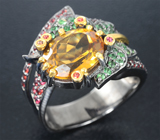 Серебряное кольцо с цитрином, цаворитами и оранжевыми сапфирами Серебро 925