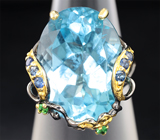 Серебряное кольцо c голубым топазом, цаворитами и синими сапфирами Серебро 925