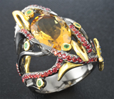 Серебряное кольцо c цитрином, сапфирами и цаворитами Серебро 925