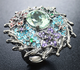 Эффектное крупное серебряное кольцо с зеленым аметистом Серебро 925