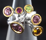 Серебряное кольцо с разноцветными сфенами и турмалинами Серебро 925
