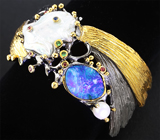 Серебряный браслет с жемчугом, австралийским дублет опалом и разноцветными сапфирами Серебро 925