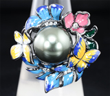 Шикарное серебряное кольцо с цветной жемчужиной и эмалью Серебро 925