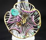 Серебряное кольцо с изумрудом, разноцветными турмалинами, рубинами и цаворитами Серебро 925