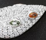 Оригинальные серебряные серьги с пренитом и разноцветными сапфирами Серебро 925