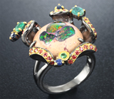 Серебряное кольцо c мексиканским jelly опалом, изумрудами и сапфирами Серебро 925