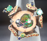 Серебряное кольцо c мексиканским jelly опалом, изумрудами и сапфирами Серебро 925