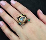 Серебряное кольцо c мексиканским jelly опалом, изумрудами и сапфирами Серебро 925