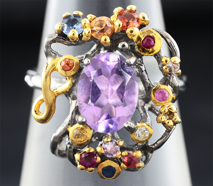 Серебряное кольцо с аметистом и разноцветными сапфирами