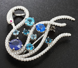 Изысканная серебряная брошь/кулон «Лебедь» с топазами, синими сапфирами и рубином Серебро 925